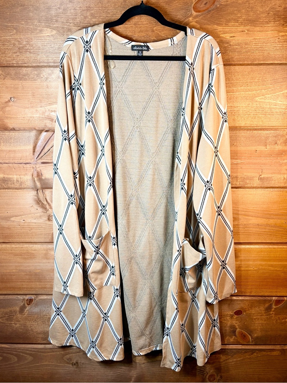 Olivia Blu Tan and Black Open-Front Geometric Cardigan Size 1X 💕🖤